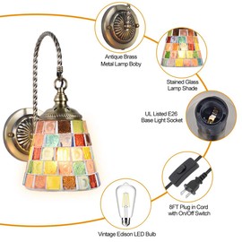 Bedside Turkish Moroccan Mosaic Stained Glass Wall Lamps for Bedroom with Plug in Cord, Bohemian Swan Neck Colored Mosaic Wall Sconce, Wall Mount Light Fixtures for Living Room Hallway Bulb Included