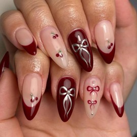Red French Tip Press on Nails Cherry Fake Nails Short Almond False Nails with Pearl Design Bow Glue on Nails Glossy Artificial Acrylic Full Cover Nude Stick on Nails for Women Manicure 24Pcs