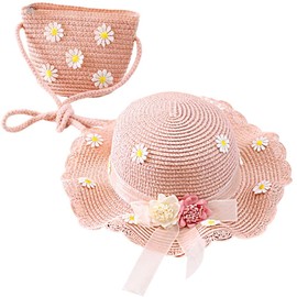 Straw Hat and Small Bag Set, Girls Children Summer Sun Hat, Sun Hat Children with Bow, Beach Hat Outdoor Activities for Tourism, Holiday, Travel, Beach, Outdoor Activities, L3PL