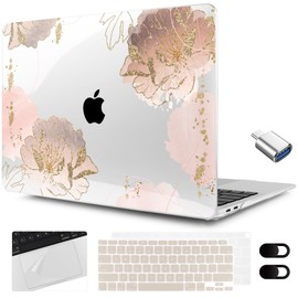 MEEgoodo for MacBook Air 13.3 inch Case 2021 2020 2019 2018 A2337 M1 A2179 A1932, Hard Shell with Keyboard Webcam Cover & Trackpad Film & Type C Adapter for MacBook Air M1, Pink Peony Flowers
