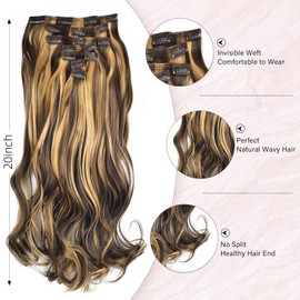 Vlasy Hair Extensions Clip in,7PCS Wavy Clip in Extensions,20 Inches Long Synthetic Clip on Hair Hairpiece Full Head for Women Girls(6/27#)