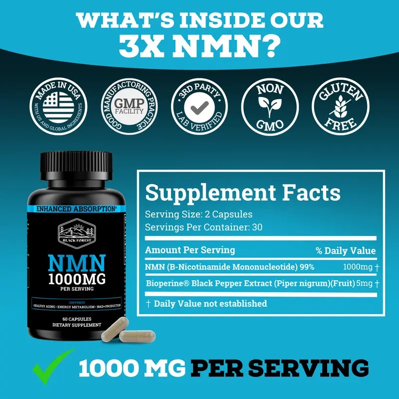 Black Forest Supplements NMN 1000mg – Dietary Supplement with BioPerine