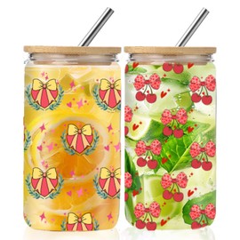 DHQH Cherry Bow Glass Cup Tumbler with Lids and Straws, Birthday Gifts for Daughter, Sister, Teacher, Mom, 16 oz Iced Coffee Smoothie Beer Cups