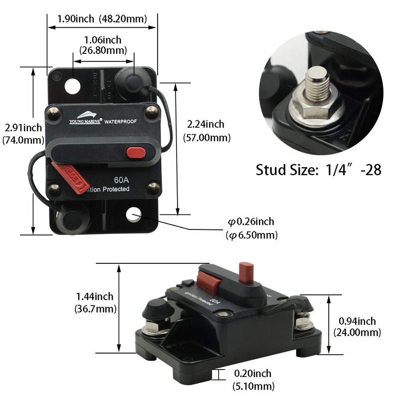 YOUNG MARINE Circuit Breaker Trolling with Manual Reset,Water Proof,12V- 48V