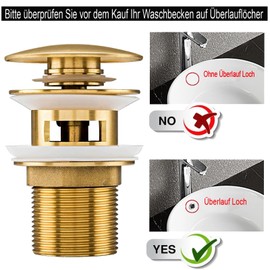 Universal Drain Fitting for Washbasins and Washbasins, Modern Pop-Up Click Clack Valve, Drain Valve with Overflow, Brass, Stainless Steel, Golden (Overflow)