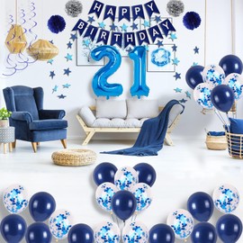 NANINUNENO 21st Birthday Party Decorations In Blue Boys, Girls, Men And Women, Supplies Happy Balloons With Banner, Numbers, Star Streamers, Swirls Hanging