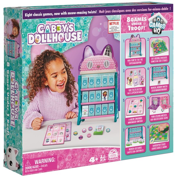 SPIN MASTER GAMES 6065857 Gabby's Dollhouse, HQ Checkers Tic Tac Toe Memory Match Go Fish Bingo Cards Board Games Toy Gift Netflix Party Supplies, for Kids Ages 4 and up, Multi-Colour