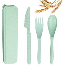 EcoGreen® - 4 Sets de Cubiertos fabricados de paja de trigo, incluye: Cuchara, tenedor y cuchillo, cubiertos de viaje u oficina, 100% biodegradables y