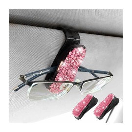 Moly Magnolia Bling Car Glasses Holder, 2PCS Handcrafted Crystal Rhinestones Fashion Car Sunglasses Mount with Card Clip for All Sun Visors, Auto Interior Accessories for Women Girl (Pink)