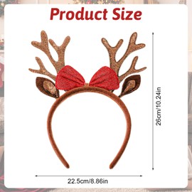 Christmas Antlers Headband Brown Reindeer Ears Headbands Reindeer Antlers Headband Deer Antler Hairband Sequined Glittery Deer Antler with Bows Hairband Christmas Holiday Hair Accessories for Women