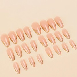 BABALAL Gold Press on Nails Medium Almond Fake Nails French Tip Acrylic Nails 24Pcs Manicure False Nails Stiletto Full Cover Stick on Artificial Nails
