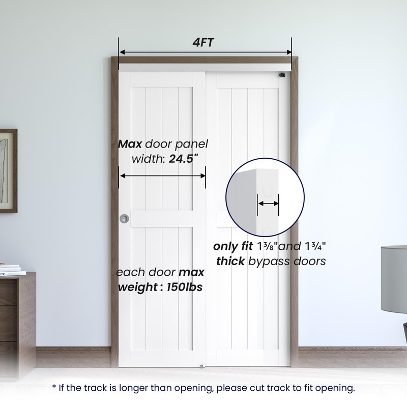 SMARTSTANDARD 48"/4FT Bypass Sliding Door Hardware Kit for Cabinet Closet,