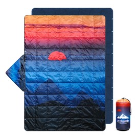 zzlamb Hooded Stadium Camping Blanket,Waterproof Outdoor Blanket Polar Fleece,Warm Windproof Portable for Stadium,Picnic,Sports,Beach,Car,Pets,56x75in Blue Mount Red Sun