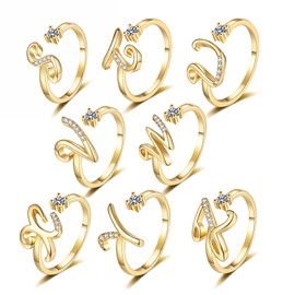 Initial Letter Ring for Women Girls Gold Plated Stackable Alphabet Rings Adjustable Open Cubic Zirconia Inlaid Rings Thumb Finger Comfort Fit Bridesmaid Gift Jewelry for Girlfriend Mom (W)