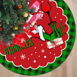 Christmas Tree Skirt 48 Inches Christmas Tree Decorations Red and Green Plaid Christmas Tree Skirt Drink Up Christmas Tree Skirt for Winter Holiday Christmas Home Decor