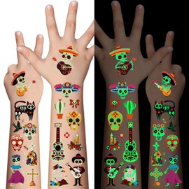 Day of the Dead Luminous Temporary Tattoos for Kids - 10 Sheets Glow In The Dark Tattoos Stickers for Boys and Girls,Sugar,Skeletons,Gemstones,Red Roses Face Makeup Tattoos Set,Holiday Party Gifts