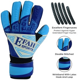 EFAH SPORTS Soccer Goalkeeper Gloves for Kids Boys Children Youth Football Goalie Gloves with Fingersave and Double Wrist Protection Strong Grip Palms (Size 7 suitable for size S-M adult, Blue)