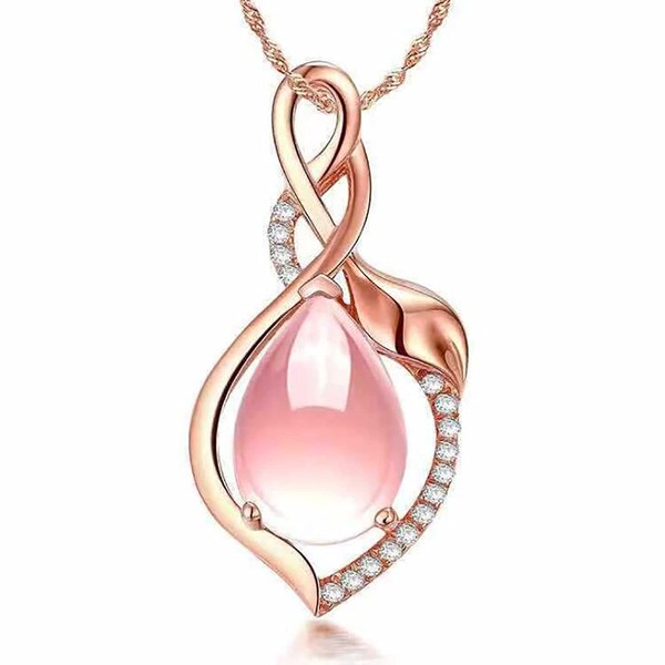 Dishowme Rose Quartz Pendant Necklace, Pink Crystal, Teardrop Chain, Natural
