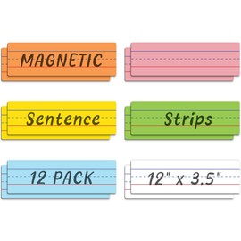 Attractivia Dry Erase Magnetic Sentence Strips for Teachers, Whiteboards & Classrooms - 12" x 3.5" - 12 Colored Sentence Strips - Practice Handwriting, Sight Words, Spelling and Math