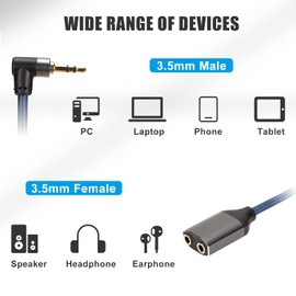 Yunseity 3.5mm Male to 2 Dual 3.5mm Headphone Splitter Aduio Cable, 3.5mm 90 Degree Right Angle to Dual 3.5mm Headphone Jack Aduio Adapter