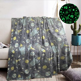 BNREDA Cosy blanket for children Glow in the dark 150x200cm, Rocket ship planet print blanket Glow in the dark, Fluffy soft sofa blanket for girls and boys(D, 150x200cm)
