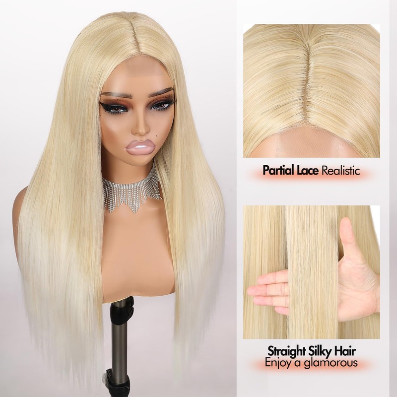 Long Straight Blonde Wig for Women Middle Part Synthetic Wigs