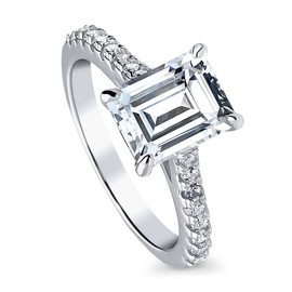 BERRICLE Sterling Silver Solitaire Wedding Engagement Rings 2.6 Carat Emerald Cut Cubic Zirconia CZ Promise Ring for Women, Rhodium Plated Size 6