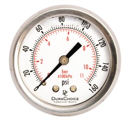 2" Liquid Filled Pressure Gauges - Stainless Steel Case, Brass, 1/4" NPT, Center Back Mount Connection, 0-160PSI