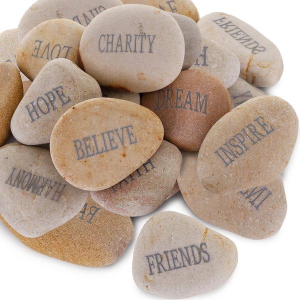 Barelove 12pcs DIY Rocks for Engraved Inspirational Polished River Stones Unique and Thoughtful Gift Ideas for Friends Arts and Crafts (12 Different Words) (White)