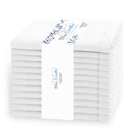 Blue Needles White Hemstitch Linen Napkins - 100% Cotton Set of 12 Cloth Dinner Napkins 18x18 inches - Soft, Reusable and Washable Napkins, Ideal for Events, Parties & Everyday Use