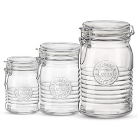 Bormioli Rocco Officina 1825, Set of 3 - Clear Glass Jars with Swing Top - Vintage Industrial Style Airtight Containers for Dry Food Storage, 33.75 Oz, 25.25 Oz, 17 Oz - Dishwasher Safe, Made in Italy