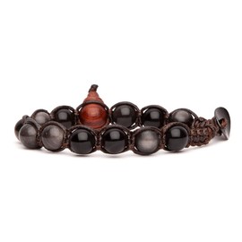 Tamashii Original Tibetan Plain Natural Stone Obsidian Silver Bracelet with Brown Cord. One Size Fits Most. BHS900-298, Taglia unica, Cotton, Cotton