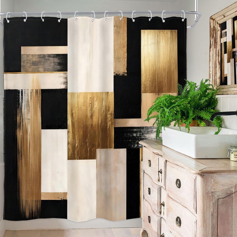 Black Gold Abstract Shower Curtain Modern Geometric 72Wx72H Inch Decor