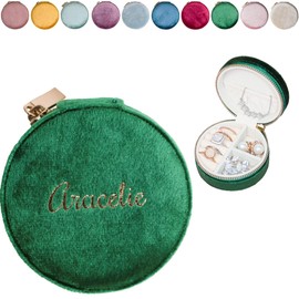 Customizable Mini Round Jewelry Box, Travel Jewelry Case, Travel Jewelry Organizer, Jewelry Box for Women and Girls, Small Jewelry Organizer (Center Text, Emerald Green)
