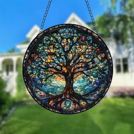 WOHAHA Large Tree Acrylic Window Hanging Glittering Tree Stained Suncatchers for Window Acrylic Panels Bedroom Garden Kitchen Wall Decoration Gifts for Women Mom Grandma Teacher