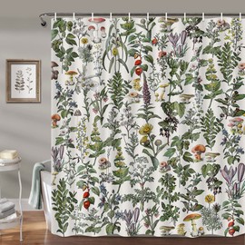 Wathon Vintage Botanical Shower Curtain Plants Herbs Mushroom Sage Green Leaf Ferns Bath Curtain Boho Retro Wildflower Bathroom Decor Aesthetic Neutral Bath Set Farmhouse Bathroom Accessories 72X72IN
