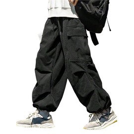 ZAFUL Flat Pocket Parachute Pants for Men Causal Baggy Cargo Pants Unisex Street Y2K Pants Drawstring Trousers Corduroy Black M