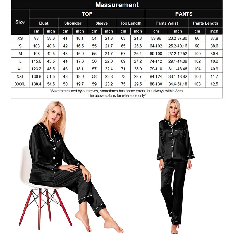 SWOMOG Satin Women's Pyjamas with Button Placket, Long Sleeve Sleepwear,