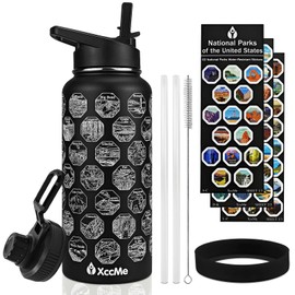 XccMe National Parks Water Bottle with Stickers,32 oz Stainless Steel Insulated Water Bottle with Straw,2 Lids,Leak Proof Metal Water Cup for Hiking,Travel,Sports,Camping,Wide Mouth Bottle