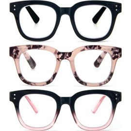 REAVEE 3 Pack Retro Oversized Reading Glasses for Women Blue Light Blocking Cute Stylish Large Frame Square Computer Readers Eye Protection with Spring Hinge,Black Pink BlackPink,1.5