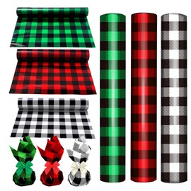 Whaline 120 Ft x 32 inch Christmas Cellophane Wrap Roll Rustic Buffalo Plaid Wrapping Paper Red Green White Black Plastic Gift Basket Wrap for Christmas Birthday Party DIY Craft Supplies, 3 Rolls