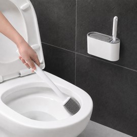 Wall-Mounted Silicone Toilet Brush Set with Holder & Detail Brush, Long Handle Quick-Dry Bathroom Cleaning Brush