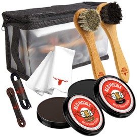 RED MOOSE Full Leather Brown Wax Shoe Polish Kit - 2x Brush, Buffing Cloth, Travel Case, Laces