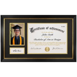FrameMind 11x19 Diploma Frame, Display for 8.5x11 Certificate & 4x6 Photos, Tempered Glass with Acid-Free Black over Gold Mat, Degree Frame for Graduation, Black with Gold Trim