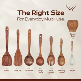 8 Pcs Teak Wooden Utensil Set with Rest – Premium Wooden Cooking Utensils Set, Natural Kitchen Utensils & Spoons for Cooking, for Any Cook - Wooden Spoons for Cooking with Wood Spatulas