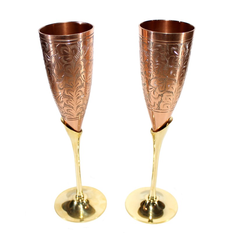 Stonkraft Engraved Brass Goblet Champagne Glasses Flutes Coupes Wine Glass