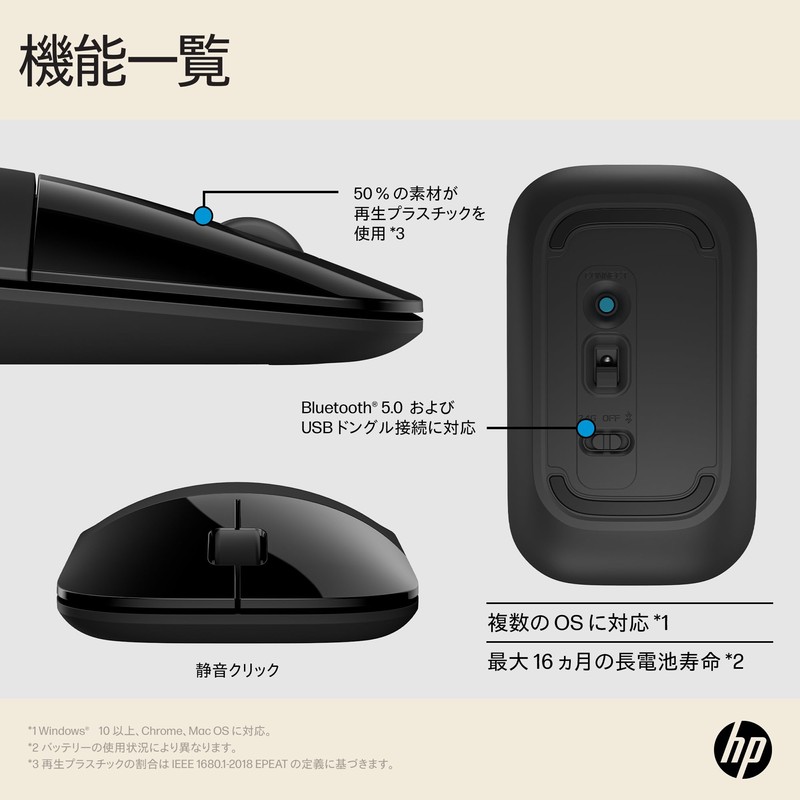HP Wireless Mouse, Z3700, Quiet, Dual Wireless Mouse, Windows Mac,