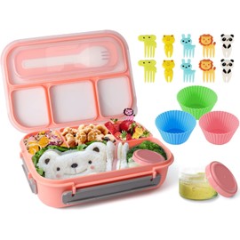 Swkien Bento Box for Kids,1300ML-Bento Lunch Box 4 Compartment Bento Lunch Containers set(with mini-Containers-Fruit Picks-Muffin Silicone Cup),LeakProof Bento Box Adult Lunch Box for School(Pink)