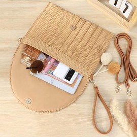 Straw Clutch Purse for Women Crossbody Shoulder Bag Summer Vacation Beach Bag Handmade Woven Envelope Clutch Straw Wallet, Khaki
