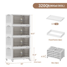 BROVIEW 320 Qt Stackable Storage Bins with Lid, Plastic Closet Organizers and Storage Drawer, Collapsible Storage Box with Wheels, Folding Storage Cabinet for Closet Clothes Organization, 4Pack White